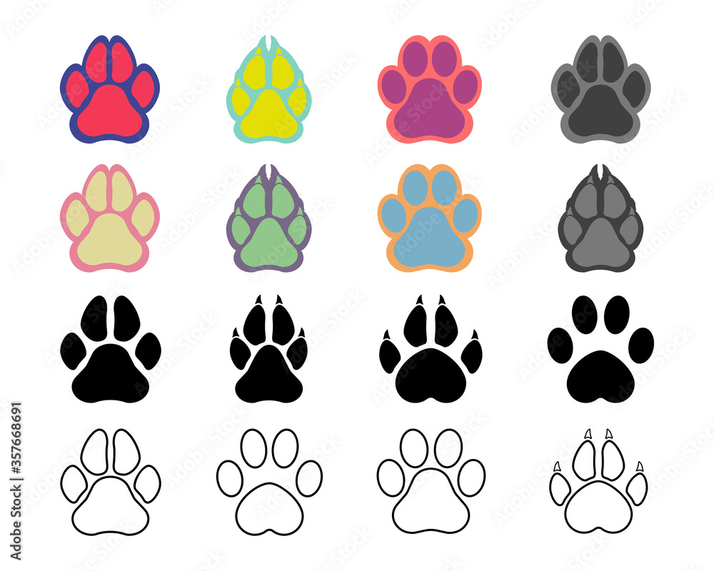 Fototapeta premium Footprints of animals. Imprint of a tiger's, trace of the cat. Paw of an animal, canine lion, traces of dog paws.
