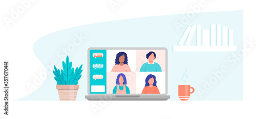 Video Conference. Group of people on a laptop screen. Chat online. Virtual meeting. Friends or colleagues are participating in a video conference. Online communication concept. Vector illustration .