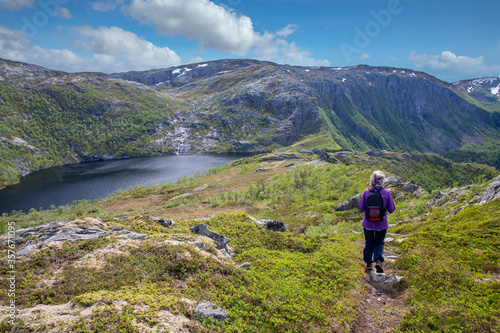 Happy women on hike to the Skogmo mountain in great summer weather, Nordland county