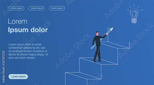 A businessman stands on a painted staircase, holds a pencil in his hands and he draws a staircase for himself to a painted light bulb representing the idea. Business Vector Concept Illustrator
