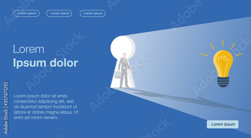 A businessman is standing in a keyhole. Light passes through the keyhole and illuminates the idea of a light bulb. Business Vector Concept Illustrator