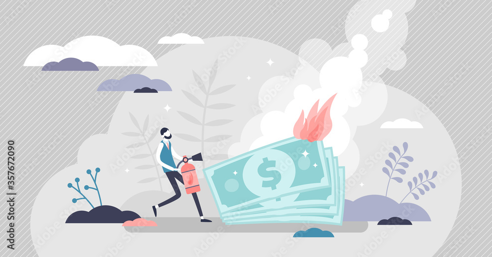 Burning money vector illustration. Financial fire flat tiny persons concept.