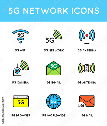 Simple line stroke vector icon set,new 5th generation mobile network 5G, high speed connection wireless systems.