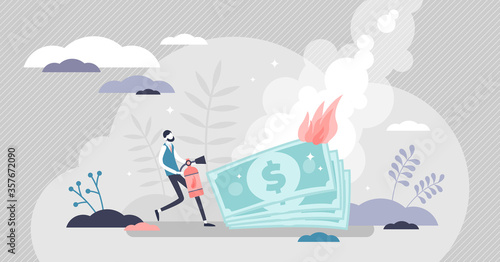 Burning money vector illustration. Financial fire flat tiny persons concept.
