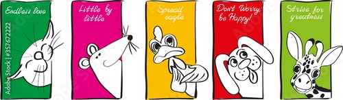 Cheerful funny colored template with the inscription. Cat, rat, rooster, chicken, dog, giraffe. Creative cards with positive motivating lettering. Suitable for greeting cards, banners, flyers or web.