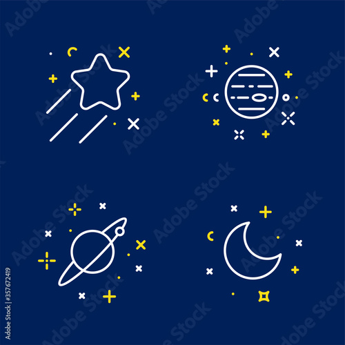 Set of lined icons of sparkling and twinkling space objects isolated on white..