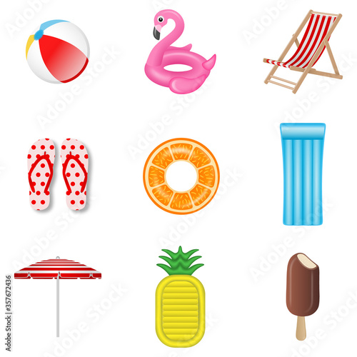 Set of isolated summer elements. Beach ball, inflatable flamingo, deck chair, flip flop shoes, orange rubber ring, inflatable mattress, beach umbrella, pineapple mattres and ice cream