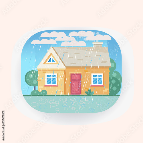 rainy weather in a country house with trees, grass