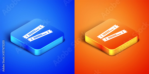 Isometric Sugar stick packets icon isolated on blue and orange background. Blank individual package for bulk food products as coffee, salt, spices. Square button. Vector