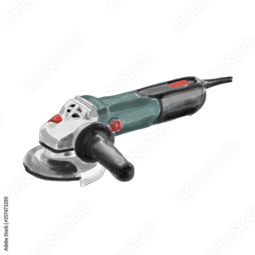 Electric angle grinder watercolor drawing. Tool illustration