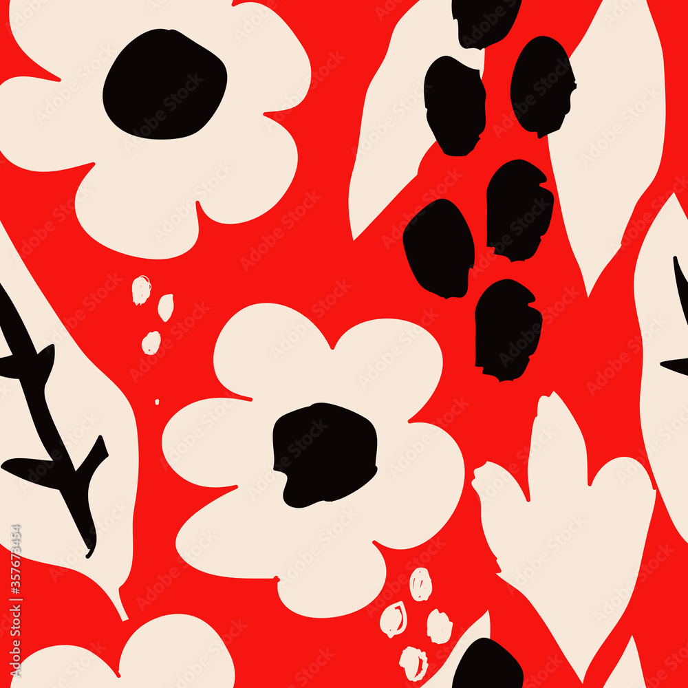 Fototapeta premium Seamless pattern with hand painted flowers and leaves in bright colors. Floral organic background. Hand drawn vector illustration for creating fabrics, greeting cards, wrapping paper, packaging.
