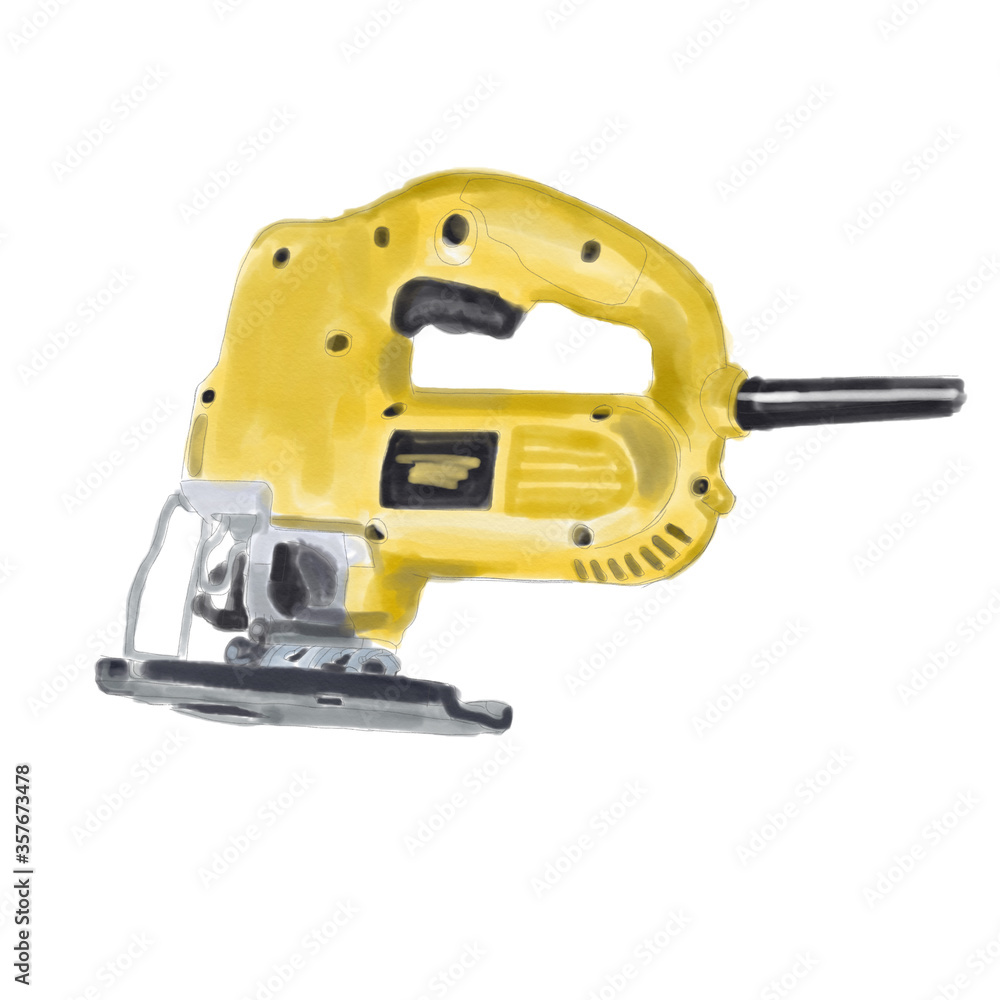 Fototapeta premium Yellow Jigsaw watercolor drawing. Tool illustration