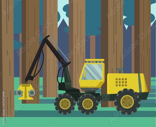 Harvester in a forest. Forestry working technic. Vector illustration/