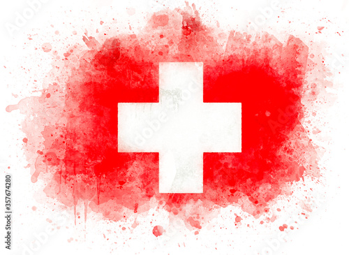 Illustration of flag of Switzerland, watercolor Swiss flag on white paper