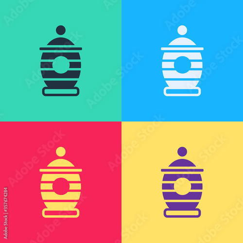 Pop art Funeral urn icon isolated on color background. Cremation and burial containers, columbarium vases, jars and pots with ashes. Vector
