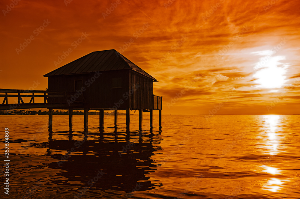 Old bath house in Bregenz on Lake Constance with sunset Old bath house in Bregenz on Lake Constance with sunset