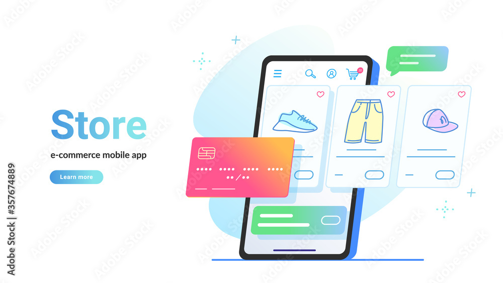 Online store e-commerce mobile app. Flat line vector illustration of smartphone screen online e-store with goods and bank card for payment. Credit card and shop items line icons on white background