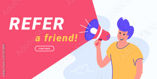 Refer a friend and audience announcement on loudspeaker. Flat line vector illustration of cute man standing and shouting with red megaphone to invite new clients. Notification or join alert red banner