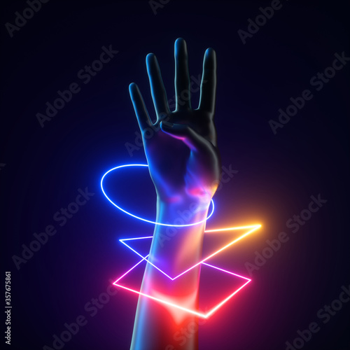 Fotografie, Obraz 3d render artificial female hand with colorful neon light geometric bracelets