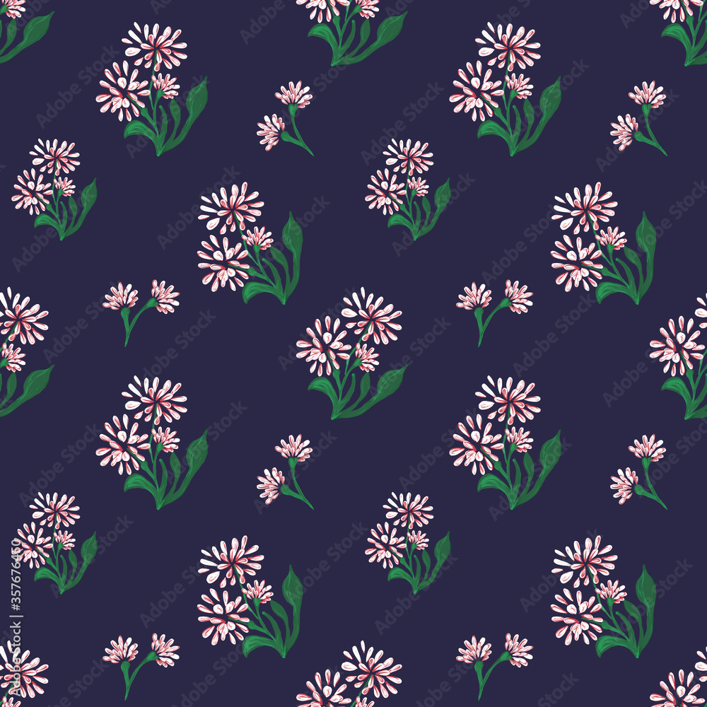 Seamless pattern with daisy flowers. Gouache hand drawn illustration isolated on purple background for web pages, wedding invitations, date cards, textiles, packaging, fabric, wallpaper
