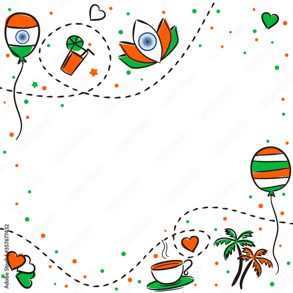 Kids pattern or frame for Indian Independence Day. Background of hand-drawn elements for August 15th in the national colors of India. Vector illustration for a festive decoration.