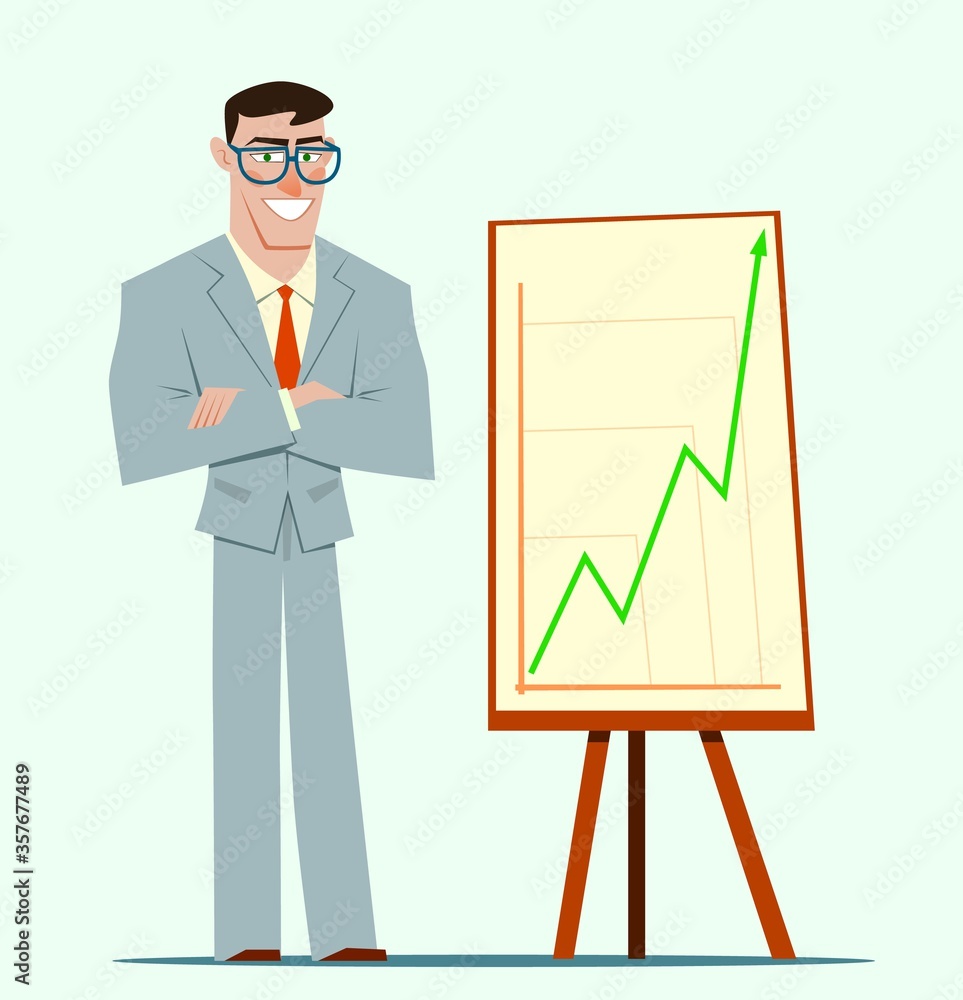 Businessman shows graphics on the flip chart. Cartoon flat style illustration. Businessman shows graphics on the flip chart. Cartoon flat style illustration.