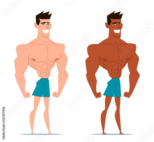 Bodybuilder muscle man fitness model. Men's physique. Cartoon flat style illustration.