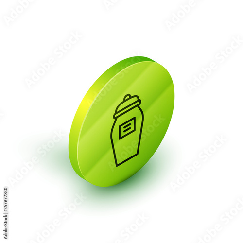 Isometric line Funeral urn icon isolated on white background. Cremation and burial containers, columbarium vases, jars and pots with ashes. Green circle button. Vector.