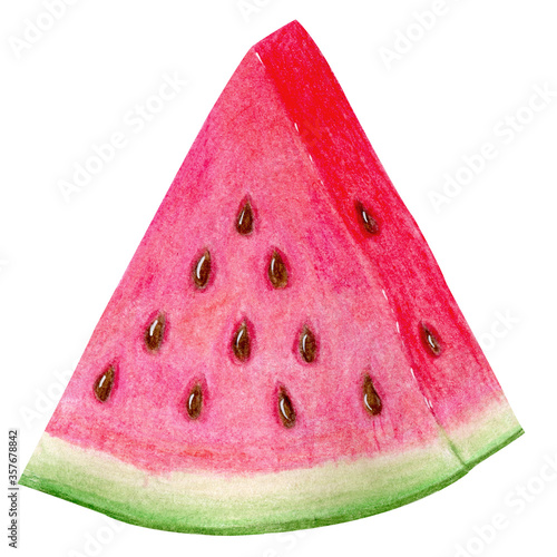Triangular piece of fresh watermelon isolated on white background. Watercolor hand drawn illustration in realistic style. Concept of hello summer, dessert, tasty sweet fruit, clipart, decoration.