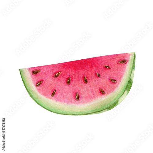 Half of watermelon slice with seeds isolated on white background. Watercolor hand drawn illustration in realistic style. Concept of dessert, healthy lifestyle, Citrullus lanatus, vegan food, plant.