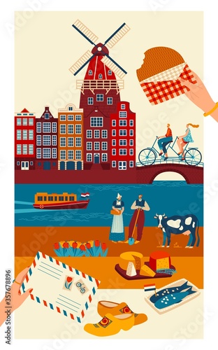 Netherlands travel postcard, main symbols of Dutch culture and sightseeing landmarks, vector illustration. Amsterdam canals and traditional architecture, costumes and cuisine. European trip souvenir