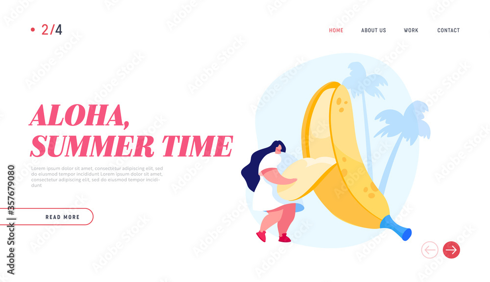 Exotic Tropical Fruits Eating Landing Page Template. Tiny Female Character Remove Peel from Huge Banana. Vegetarian Food, Fortified Nutrition, Source of Health Vitamins. Cartoon Vector Illustration
