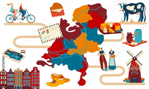 Netherlands travel postcard, main symbols of Dutch culture and sightseeing landmarks, vector illustration. Country map and bicycle tour route, traditional windmill and cheese. European trip souvenir
