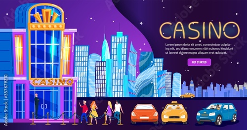 Casino in night city, people nightlife club entrance, skyline background for website, vector illustration. Rich man and woman cartoon characters go to party, gambling evening entertainment invitation