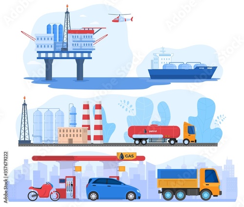 Oil and gas industry, processing station and logistics distribution transport, vector illustration. Gasoline fuel truck, petroleum supply, offshore rig pump and tanker vessel. International network