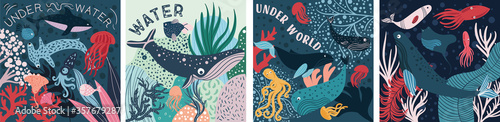 Four underwater marine biology posters or card designs with fish, sharks, whale, sea creatures and corals, colored vector illustration