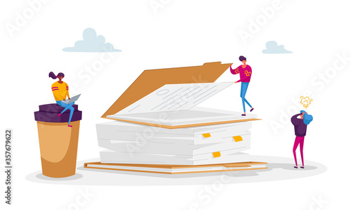 Busy Office People Characters Company Employees Paperwork Deadline, Stress. Businesswomen and Businessmen Looking on Huge Pile of Documentation and Paper Document Folders Cartoon Vector Illustration