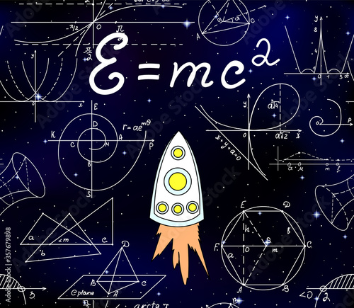 Space scientific vector seamless pattern with flying space ship and handwritten speed of light formula, math plots and figures