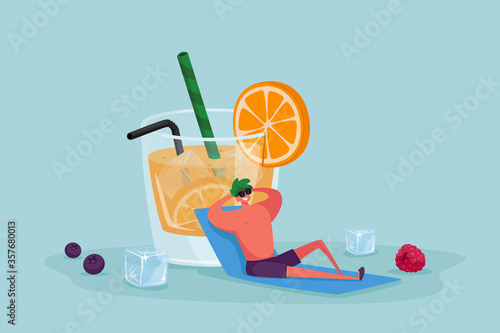 Tiny Male Character in Sunglasses Relaxing Sitting at Huge Glass with Orange Juice, Slice and Straw. Man Enjoying Summertime Vacation, Drinking Cold Drink at Summer Time. Cartoon Vector Illustration