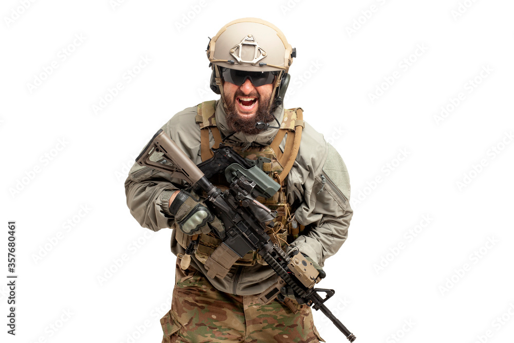 soldier in military equipment and weapons runs forward and screams on a white background, a ranger attacks, portrait of a special forces soldier in military equipment and weapons runs forward and screams on a white background, a ranger attacks, portrait of a special forces
