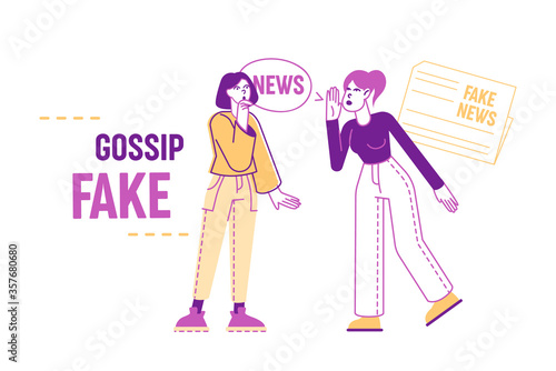 Fake News Concept. Women Characters Telling Gossips and Scandal Tales to Each Other on Street. People Spreading Wrong Scandalize Information, Mass Media False Info. Linear People Vector Illustration