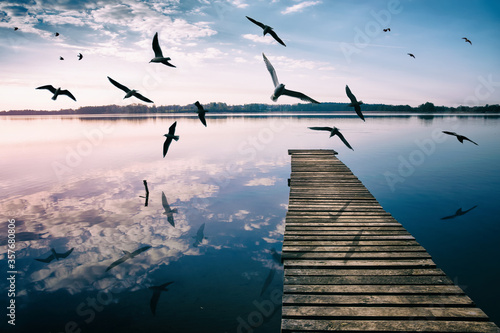 Birds fly over empty footbridge. The lake Selment Wielki, Masuria, Poland.