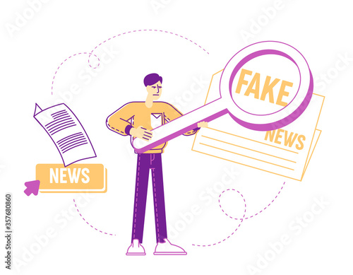 Social Media Forgery Information Concept. Male Character with Huge Magnifying Glass Looking on Fake News Headline in Newspaper. Character Read False Info, Spread Scandals. Linear Vector Illustration
