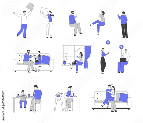 Set of Male and Female Characters Fighting on Pillows, Drinking Tea and Wine, Dating at Hime. Men and Women Family Relation or Communication. Parents and Kids Eating. Linear People Vector Illustration