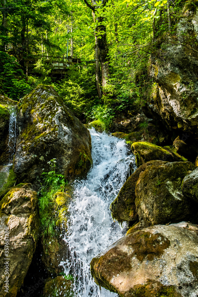 Hiking Trail With Wooden Bridge Over Waterfall Through Green Canyon At Myrafälle In Austria Hiking Trail With Wooden Bridge Over Waterfall Through Green Canyon At Myrafälle In Austria