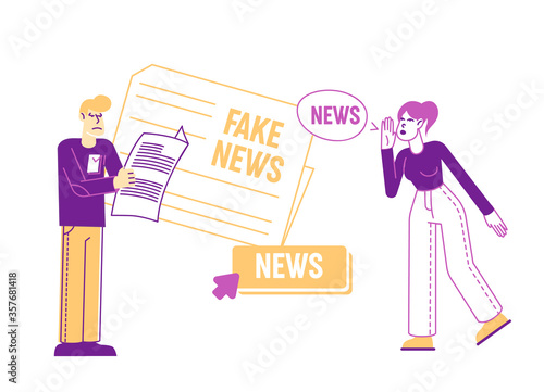 Fake News Information and Disinformation. Male Character Reading Newspaper, Woman Telling Gossips. Mass Media Worldwide Human Consciousness Manipulation, False Info. Linear People Vector Illustration