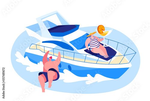Characters Traveling on Luxury Yacht at Sea on Summertime, Happy Man Jump into Water, Woman Drinking Beverage on Ship Deck and Sun Bathing. Summer Vacation, Cruise. Cartoon People Vector Illustration
