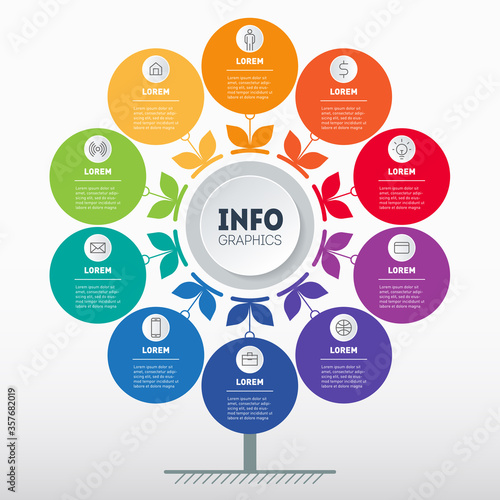 Business presentation or infographics concept with 10 options and icons. Chart in the shape of a flower. Info graphic of technology or education process with ten steps.