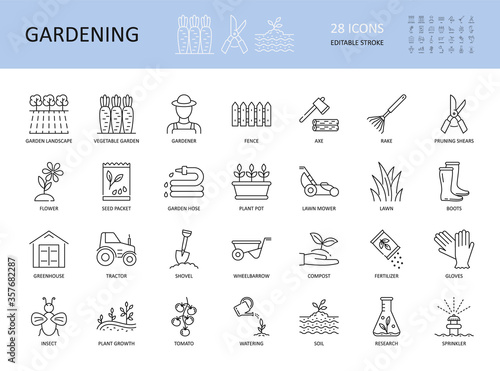 Vector set of gardening icons. Editable Stroke. Plant flower care agriculture water shovel lawn grow. Vegetable seed pot grass fence rake. Wheelbarrow landscape greenhouse tractor watering research.