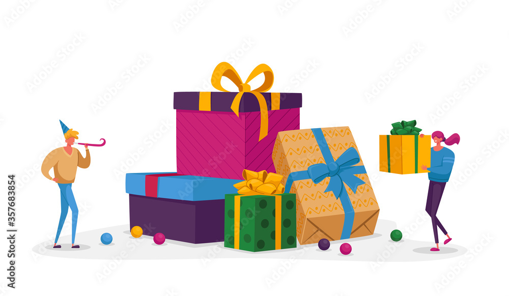 Happy People Carry Gift Boxes Wrapped with Festive Bow. Male and Female Characters Prepare Presents for Family and Friends on Boxing Day Holidays or Birthday Celebration. Cartoon Vector Illustration Happy People Carry Gift Boxes Wrapped with Festive Bow. Male and Female Characters Prepare Presents for Family and Friends on Boxing Day Holidays or Birthday Celebration. Cartoon Vector Illustration